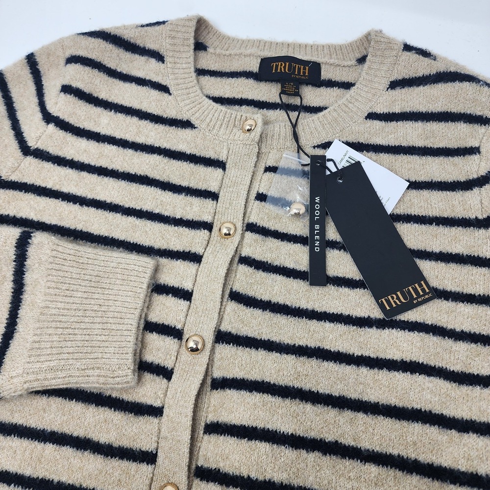 NEW Truth By Republic‎ Women's Wool Blend Sweater Large Camel Stripe Gold Button